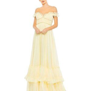 Mac Duggal Ruffle Tiered Babydoll Flowy Gown NWOT Butter (Light Yellow)
